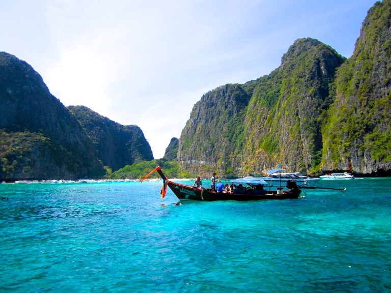 Scene of limestone cliffs from our long-tail boat tour around Ko Phi Phi, Krabi
