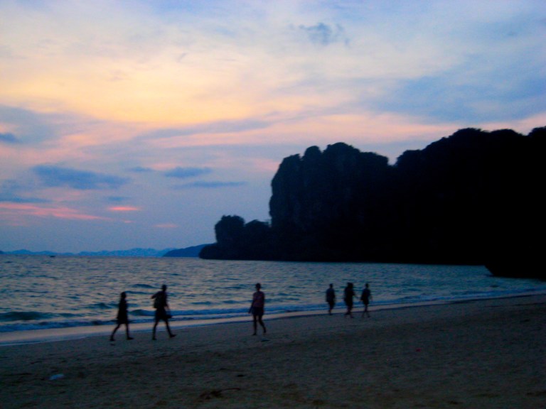 Railay beach on the west side of the peninsula at sunset