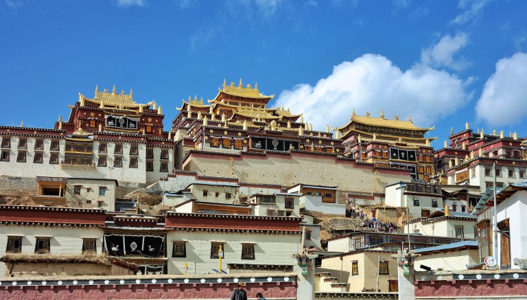 Outside view of the Songzanlin Monastery, the largest Tibetan Buddhist monastery in Yunnan province