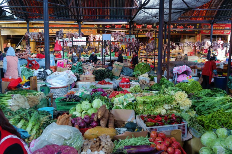 An indoor vegetable market in Shangri-La, China