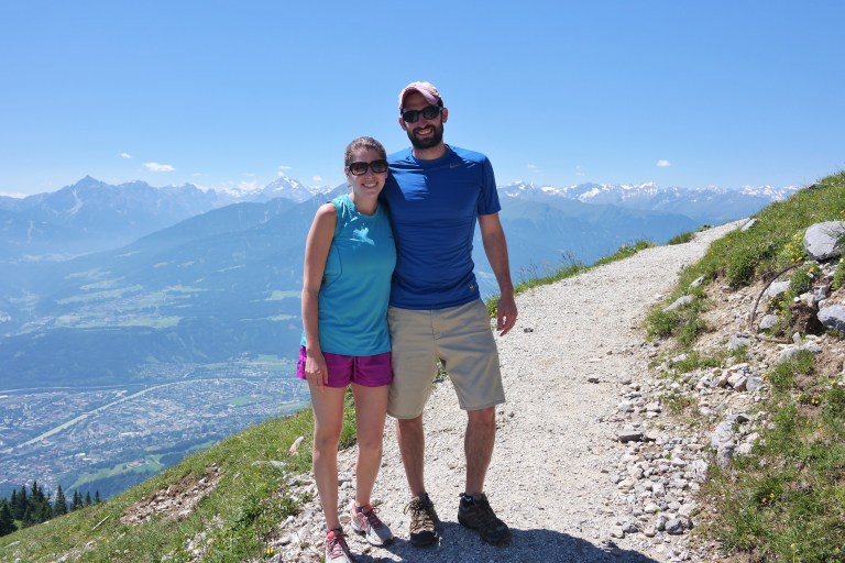 Walking along one of the many trails at the top of the Nordkette cable car in Innsbruck, Austria